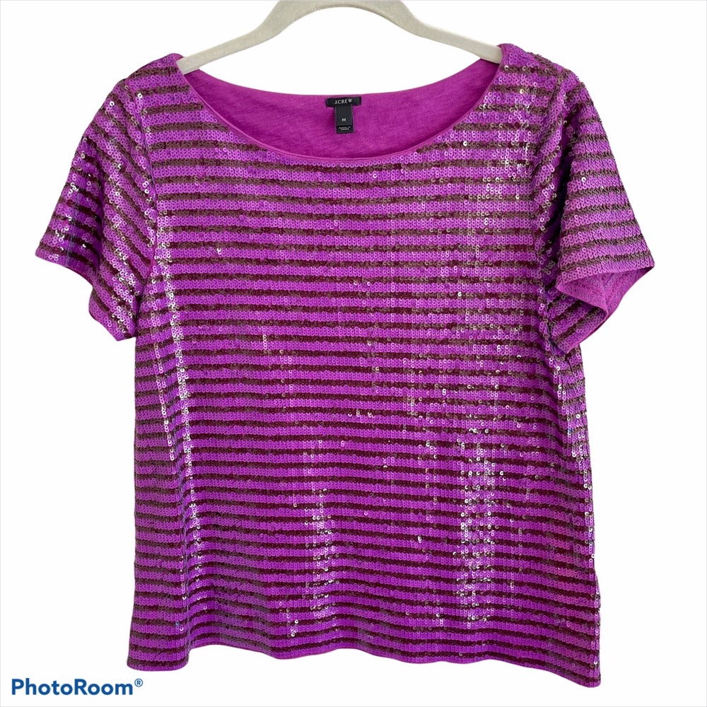 J. Crew Purple Sequin Striped Short Sleeve Tee
